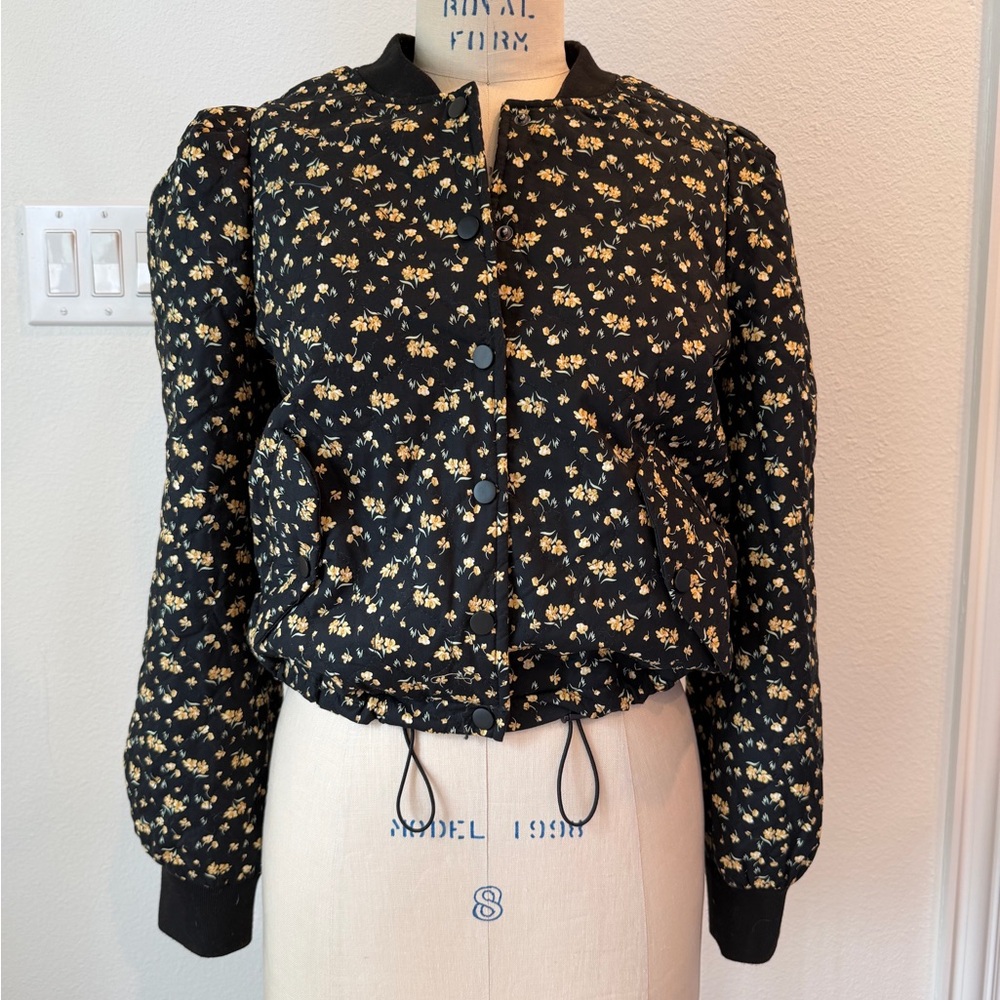 Black Floral Quilted Bomber Jacket with Yellow Accent